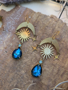 Brass Moon and Sun Earrings - Vintage Rhinestones