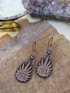 Antiqued Copper Plated Earrings - Sunburst