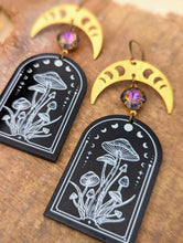 Load image into Gallery viewer, Acrylic Mushroom Earrings with Brass Moon Phase Crescents and Rhinestones 2
