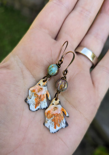 Pewter and Enamel Ghost Spiderweb Pumpkin Earrings