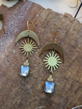 Load image into Gallery viewer, Brass Moon and Sun Earrings - Vintage Rhinestones 2