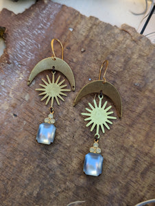 Brass Moon and Sun Earrings - Vintage Rhinestones 2
