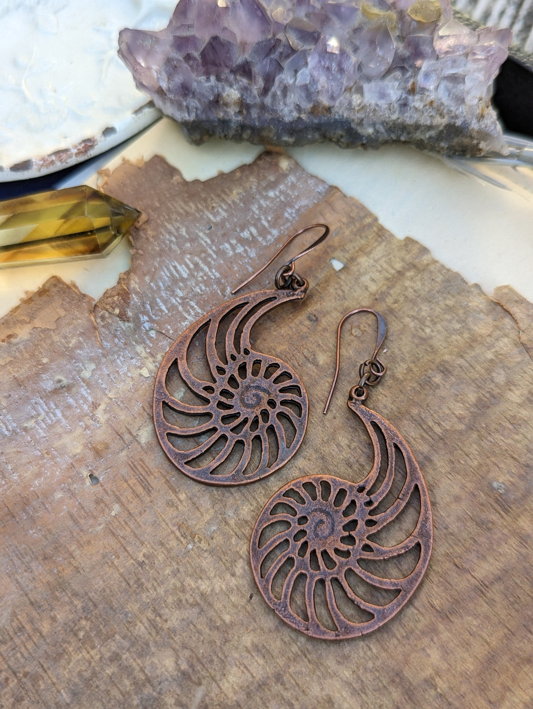 Antiqued Copper Nautilus Earrings