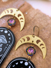 Load image into Gallery viewer, Acrylic Mushroom Earrings with Brass Moon Phase Crescents and Rhinestones 2