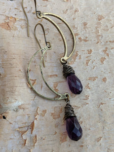 Open Moon Earrings with Purple Glass Briolettes - Minxes' Trinkets