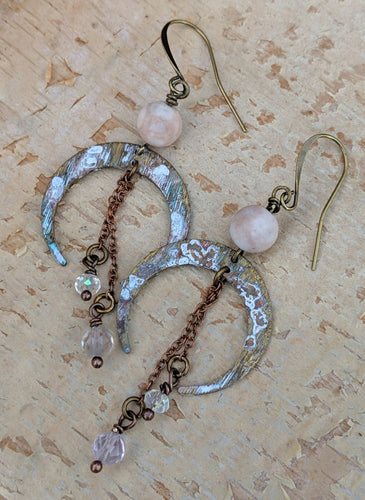 Crescent Moon Earrings with Pink Fluorite - Minxes' Trinkets