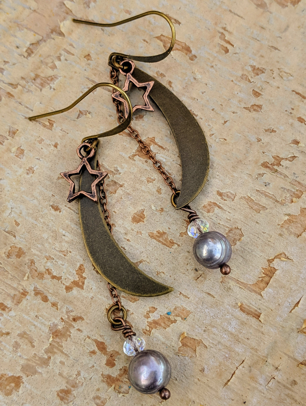 Medium Moon and Star Earrings with Freshwater Pearls - Minxes' Trinkets