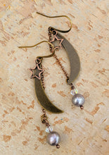 Load image into Gallery viewer, Medium Moon and Star Earrings with Freshwater Pearls - Minxes&#39; Trinkets