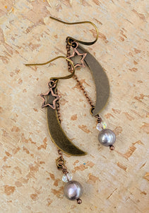 Medium Moon and Star Earrings with Freshwater Pearls - Minxes' Trinkets