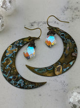 Load image into Gallery viewer, Verdigris Moon Earrings with Kite-shaped Mystic Quartz - Minxes&#39; Trinkets
