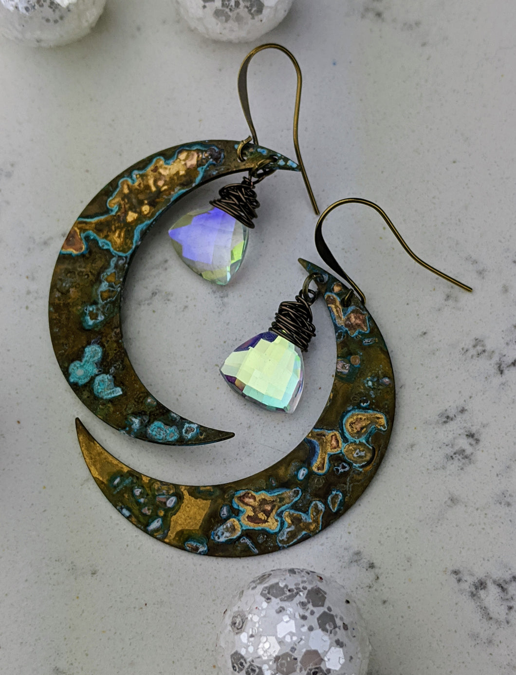 Verdigris Moon Earrings with Triangle Mystic Quartz - Minxes' Trinkets
