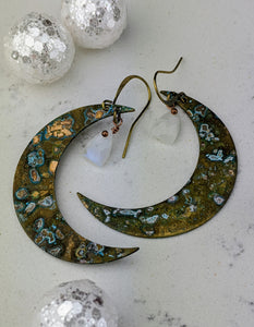 Verdigris Moon Earrings with Moonstones - Minxes' Trinkets