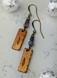 Stamped Copper Bar Feather Earrings II - Minxes' Trinkets