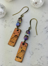Load image into Gallery viewer, Stamped Copper Bar Winter Owl Earrings - Minxes&#39; Trinkets