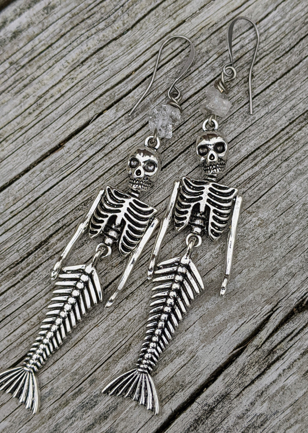 Skeleton Mermaid Earrings with Herkimer Diamonds - Minxes' Trinkets
