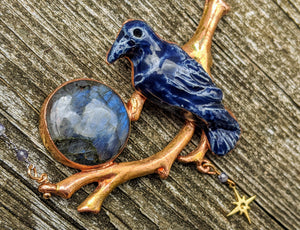 Midnight Blue Raven and Labradorite Moon Copper Electroformed Necklace - Minxes' Trinkets