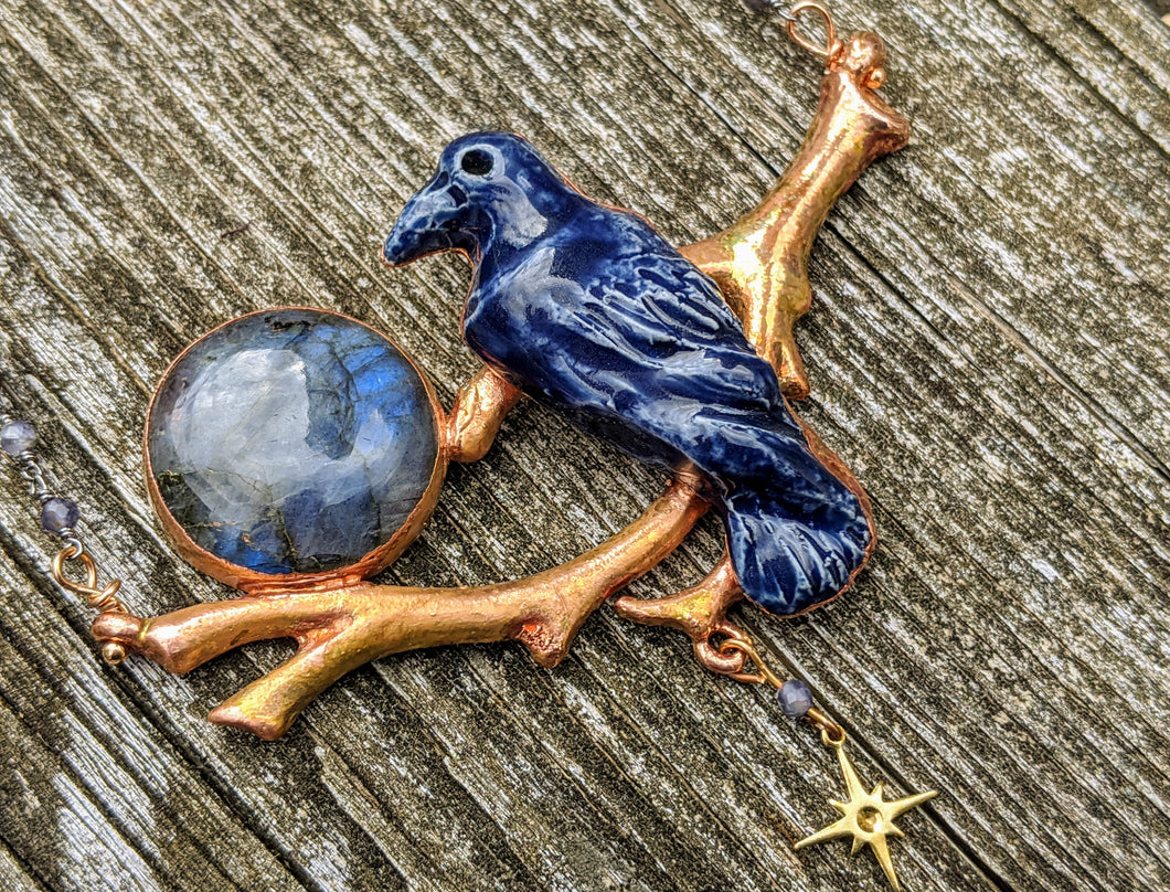 Midnight Blue Raven and Labradorite Moon Copper Electroformed Necklace - Minxes' Trinkets