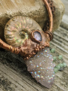 Mermaid Amulet - Ammonite and Aura-coated Spirit Quartz and Moonstone and Amethyst - Minxes' Trinkets
