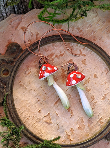 Red Amanita Mushroom Earrings with Swarovski Crystals