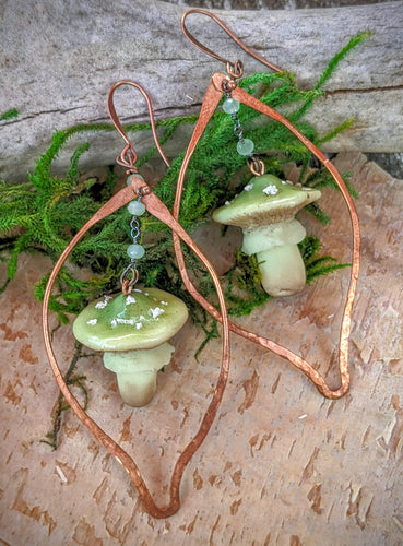 Green Amanita Mushroom & Copper Earrings - #4