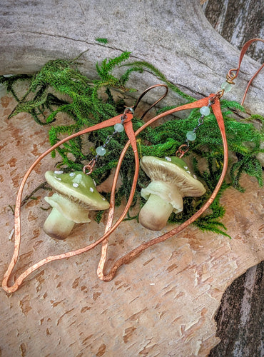Green Amanita Mushroom & Copper Earrings - #5