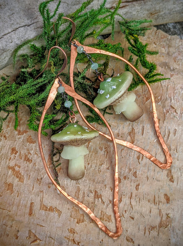 Green Amanita Mushroom & Copper Earrings - #6