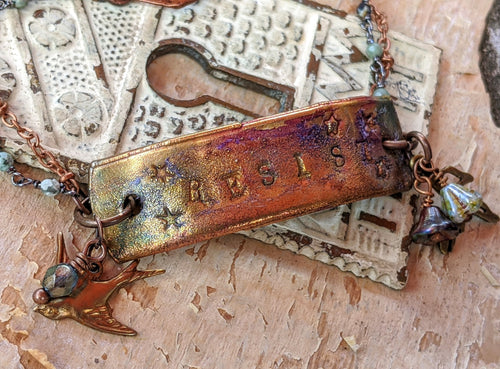 Wrist Reminder Copper Electroformed Bracelet - RESIST (nature themed)