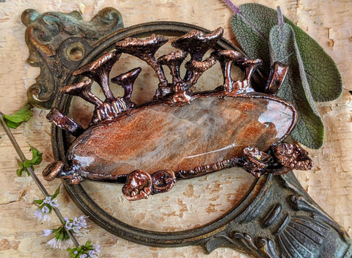 Sunstone Encrusted with Mushrooms Copper Electroformed Statement Necklace