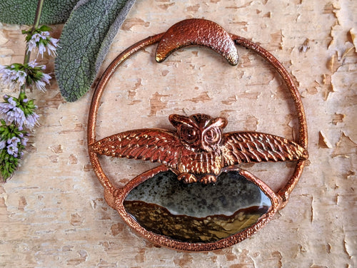Landscape Jasper with Owl Electroformed Necklace