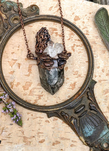 Petite Morel Mushroom Electroformed Necklace with Garden Quartz and Shelf Mushrooms