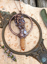Load image into Gallery viewer, Morel Mushroom Electroformed Necklace with Moonstone and Sunset Spirit Quartz