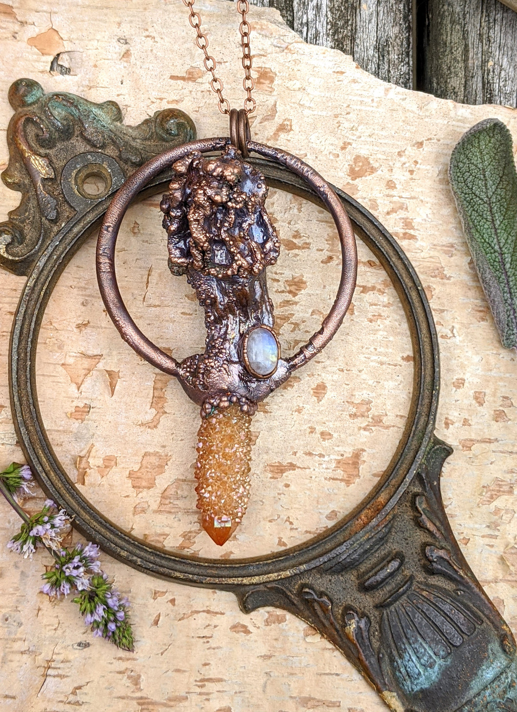 Morel Mushroom Electroformed Necklace with Moonstone and Sunset Spirit Quartz