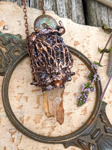 Morel Mushroom Electroformed Necklace with Tangerine Quartz and Ammonite Snail Friend