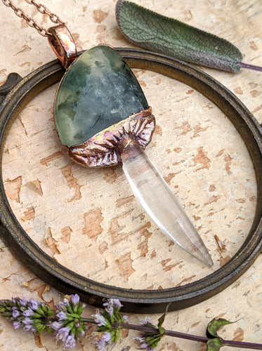 Moss Agate and Quartz Mushroom Electroformed Necklace