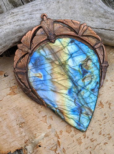 Gigantic Labradorite with Art Nouveau Moths / Scarabs - Copper Electroformed Statement Necklace