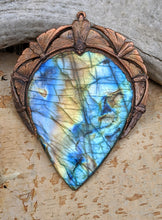 Load image into Gallery viewer, Gigantic Labradorite with Art Nouveau Moths / Scarabs - Copper Electroformed Statement Necklace