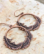 Load image into Gallery viewer, Copper Feather Hoop Earrings - Minxes&#39; Trinkets