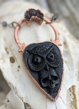 Load image into Gallery viewer, Electroformed Skull and Owl Bone Planchette Necklace - Minxes&#39; Trinkets