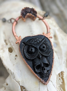 Electroformed Skull and Owl Bone Planchette Necklace - Minxes' Trinkets