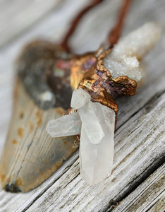 Electroformed Megalodon Shark Tooth with Quartz Clusters - Minxes' Trinkets