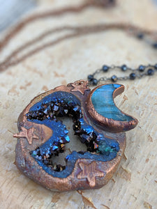 Electroformed Labradorite Moon and Titanium Druzy Necklace - Minxes' Trinkets