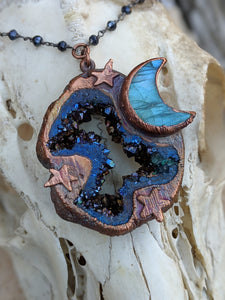 Electroformed Labradorite Moon and Titanium Druzy Necklace - Minxes' Trinkets