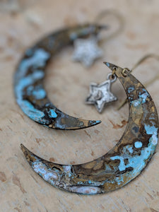 Verdigris Moon and Silver Star Earrings - Minxes' Trinkets