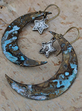 Load image into Gallery viewer, Verdigris Moon and Silver Star Earrings - Minxes&#39; Trinkets