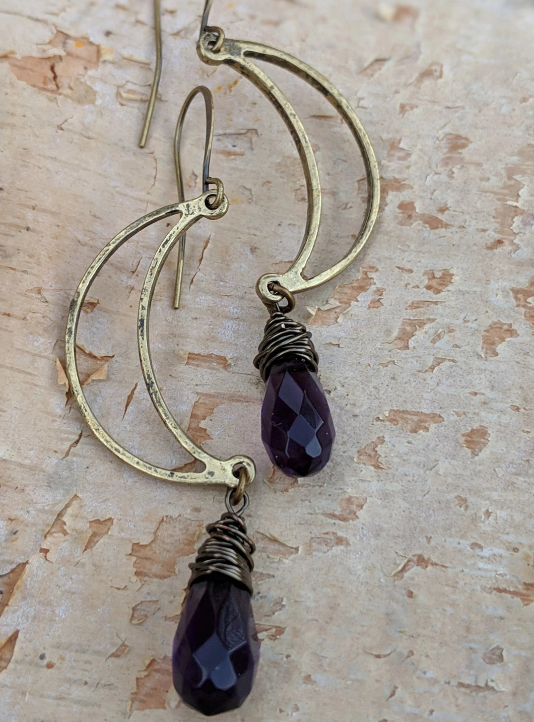 Open Moon Earrings with Purple Glass Briolettes - Minxes' Trinkets