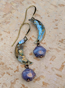 Petite Moon Earrings with Purple Picasso Czech Glass - Minxes' Trinkets