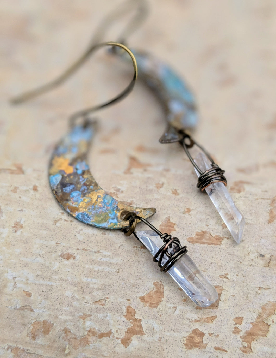 Petite Moon Earrings with Clear Quartz Points - Minxes' Trinkets