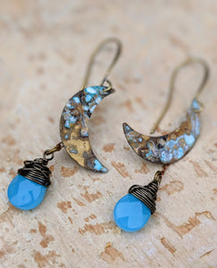 Petite Moon Earrings with Faceted Caribbean Blue Briolettes - Minxes' Trinkets