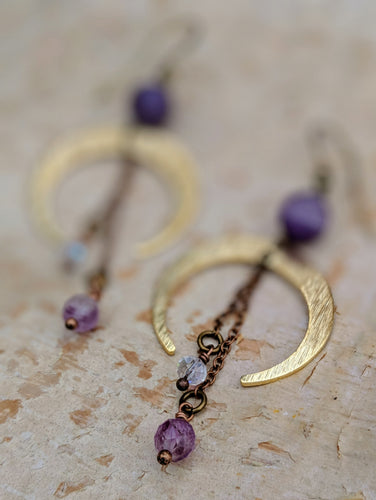 Crescent Moon Earrings with Chevron Amethyst and Purple Flourite - Minxes' Trinkets