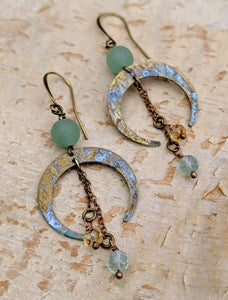 Crescent Moon Earrings with Green Adventurine and Fluorite - Minxes' Trinkets
